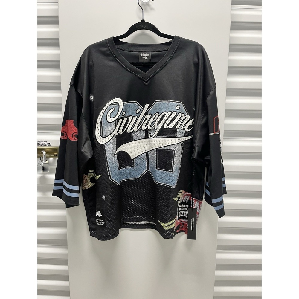 NWT Civil Regime Our Team Football Jersey Black Boxy Cropped Crystal Large